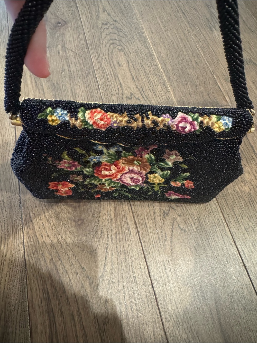 Vintage Black Beaded Floral Evening Handbag with Gold - Picture 3 of 8
